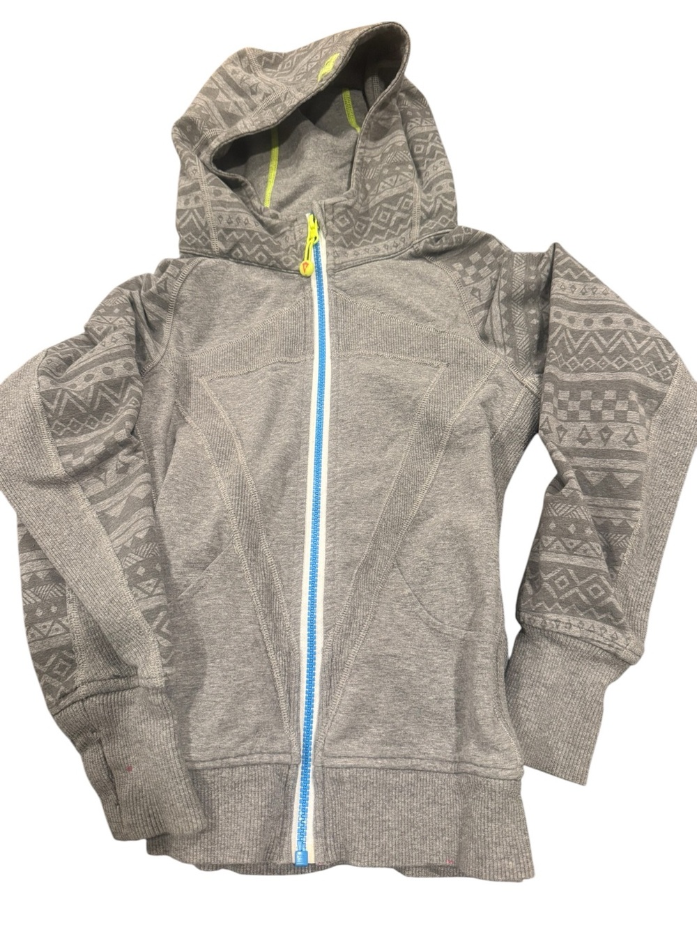 Ivivva Girls' Grey Hooded Zip Jacket with Blue Zipper and Yellow Pull